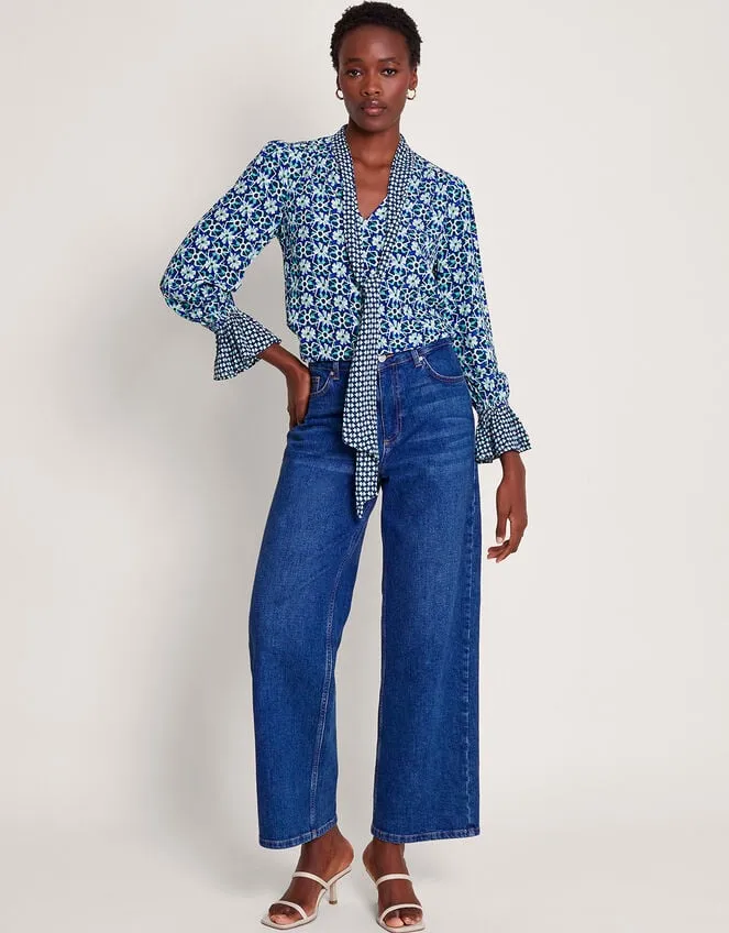 Clover Print Pussybow Blouse Blue Women Monsoon Tops and Blouses