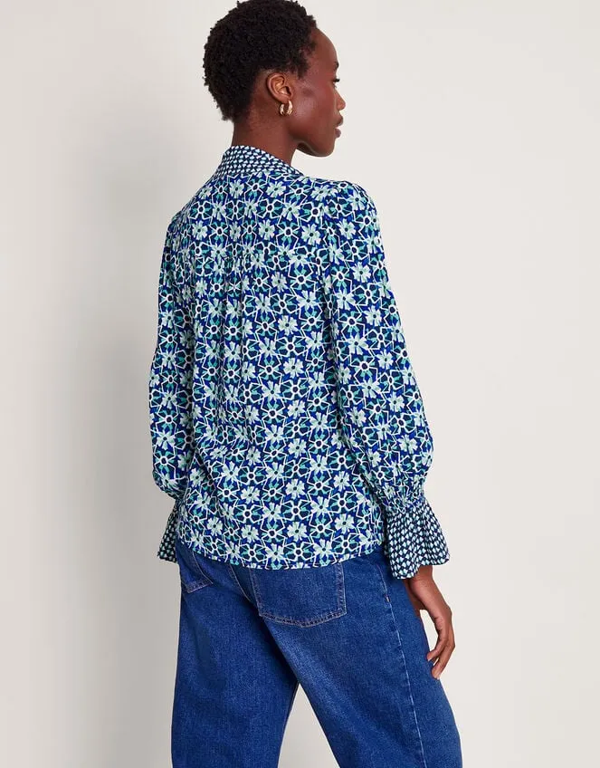 Clover Print Pussybow Blouse Blue Women Monsoon Tops and Blouses