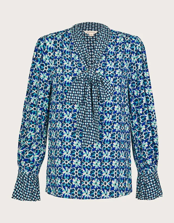 Clover Print Pussybow Blouse Blue Women Monsoon Tops and Blouses