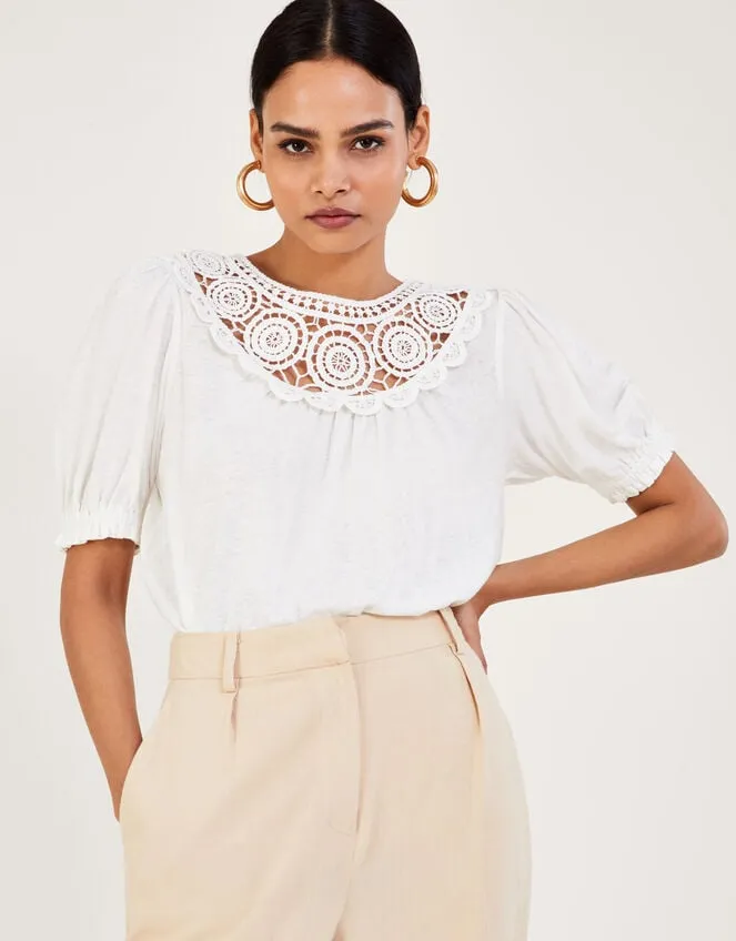 Crochet Frill Sleeve Top In Linen Blend Ivory Women Monsoon Beachwear and Swimwear