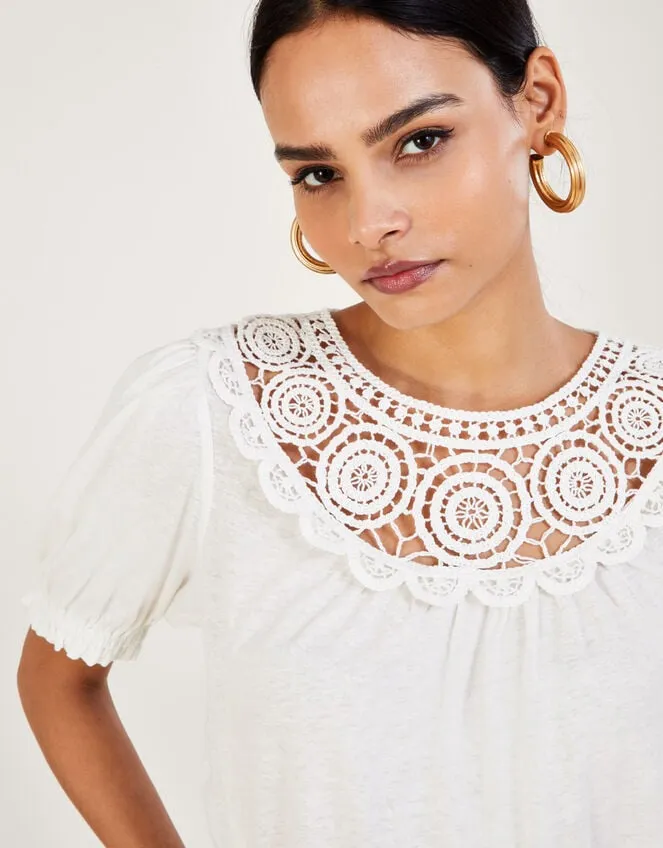 Crochet Frill Sleeve Top In Linen Blend Ivory Women Monsoon Beachwear and Swimwear