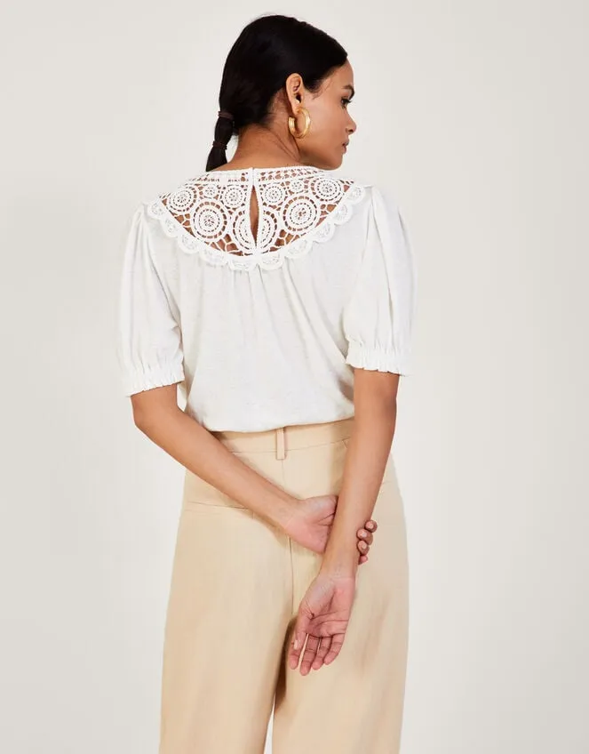 Crochet Frill Sleeve Top In Linen Blend Ivory Women Monsoon Beachwear and Swimwear