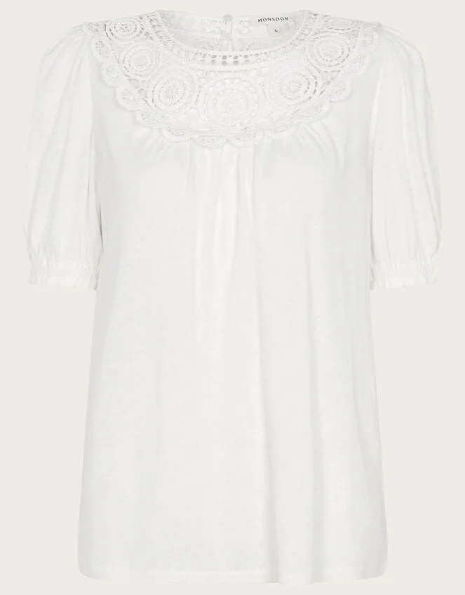 Crochet Frill Sleeve Top In Linen Blend Ivory Women Monsoon Beachwear and Swimwear