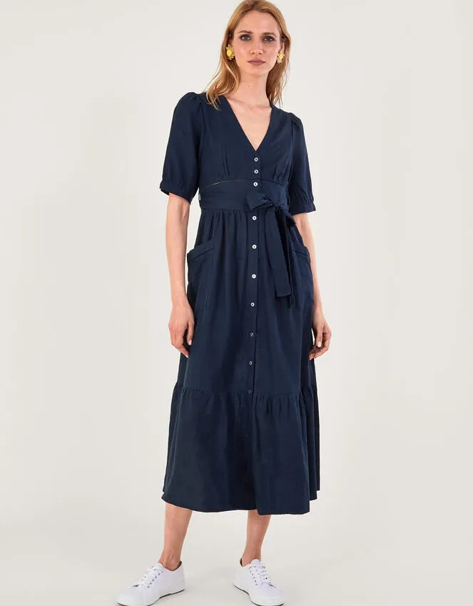 Cutwork Detail Tiered Dress In Linen Blend Blue Women Monsoon Dresses
