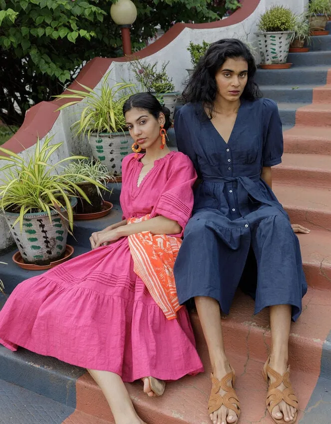 Cutwork Detail Tiered Dress In Linen Blend Blue Women Monsoon Dresses