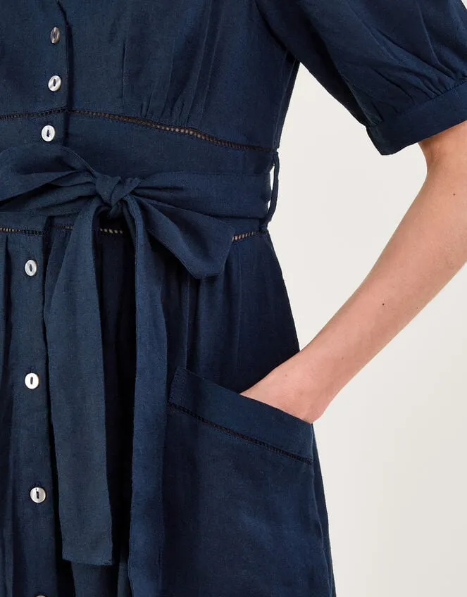 Cutwork Detail Tiered Dress In Linen Blend Blue Women Monsoon Dresses