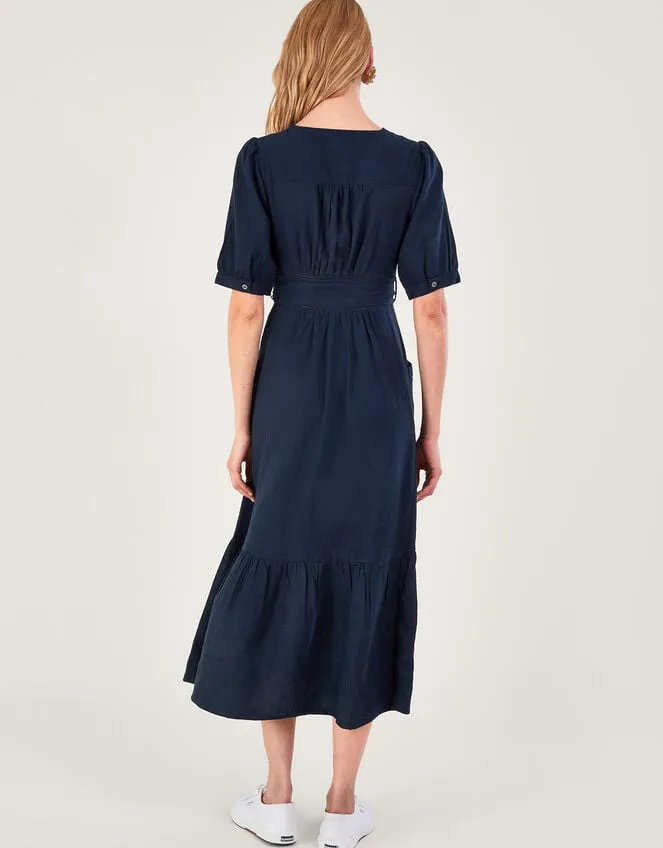 Cutwork Detail Tiered Dress In Linen Blend Blue Women Monsoon Dresses