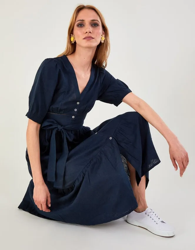 Cutwork Detail Tiered Dress In Linen Blend Blue Women Monsoon Dresses