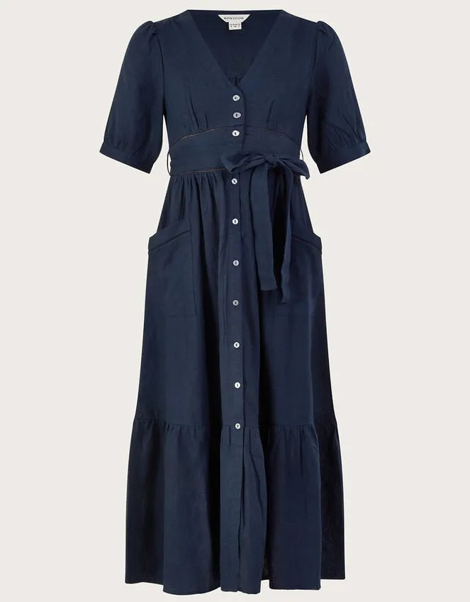 Cutwork Detail Tiered Dress In Linen Blend Blue Women Monsoon Dresses