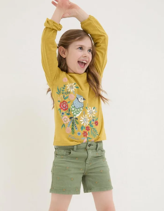 Daisy Embroidered Denim Shorts Khaki Green Girls FatFace Swim and Beachwear