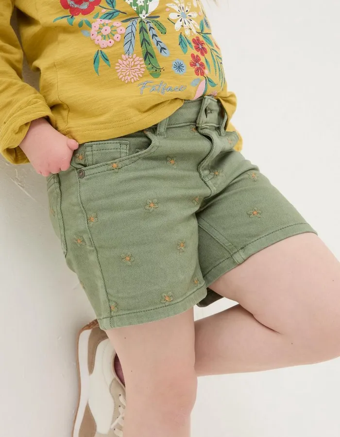 Daisy Embroidered Denim Shorts Khaki Green Girls FatFace Swim and Beachwear