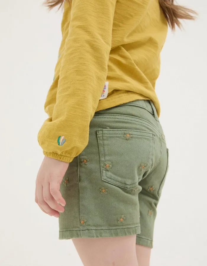Daisy Embroidered Denim Shorts Khaki Green Girls FatFace Swim and Beachwear