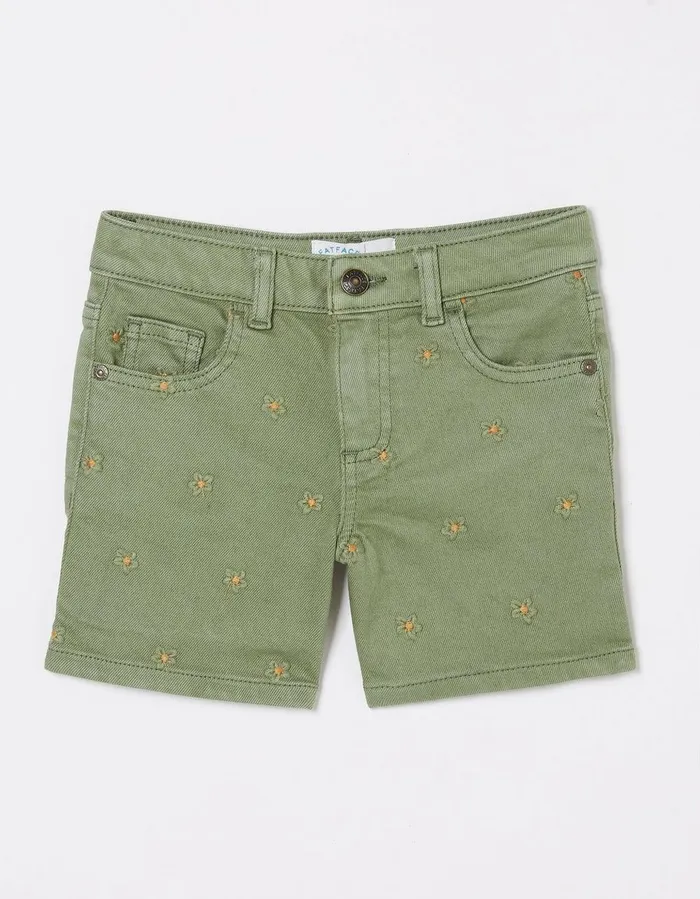 Daisy Embroidered Denim Shorts Khaki Green Girls FatFace Swim and Beachwear