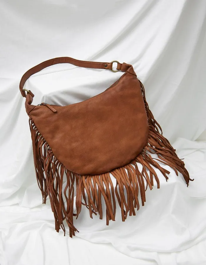Dawson Crescent Leather Tassel Bag Washed Tan Women FatFace Bags and Purses