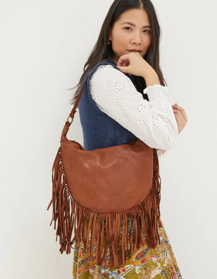 Dawson Crescent Leather Tassel Bag Washed Tan Women FatFace Bags and Purses