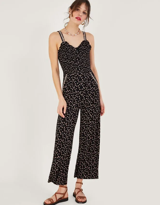 Dot Print Shirred Jumpsuit In Lenzing Ecovero Black Women Monsoon Dresses