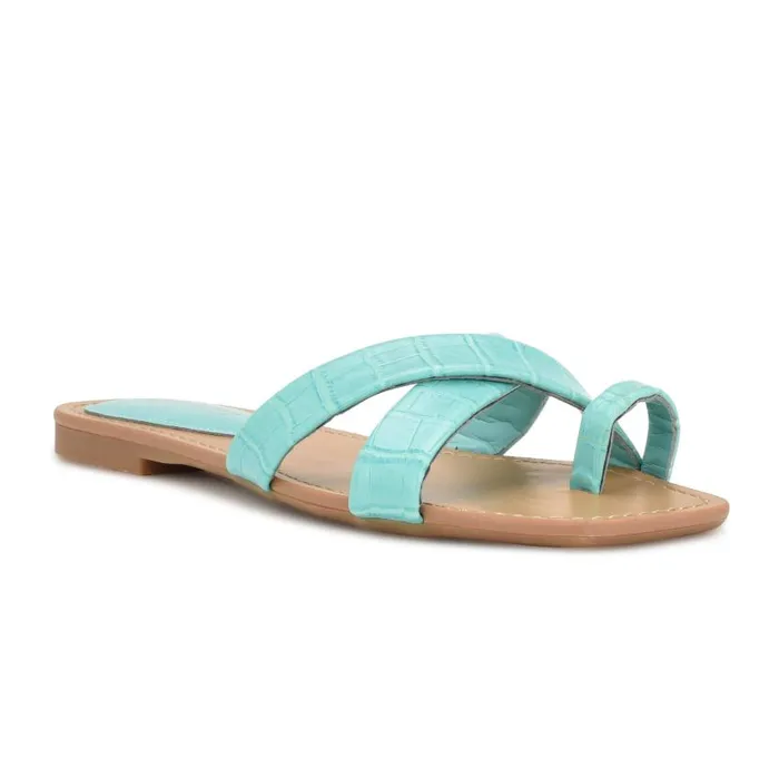 Dotty Flat Slide Sandals Aqua Blue Embossed Croco Women Nine West Sandals