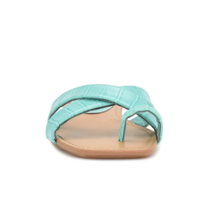 Dotty Flat Slide Sandals Aqua Blue Embossed Croco Women Nine West Sandals