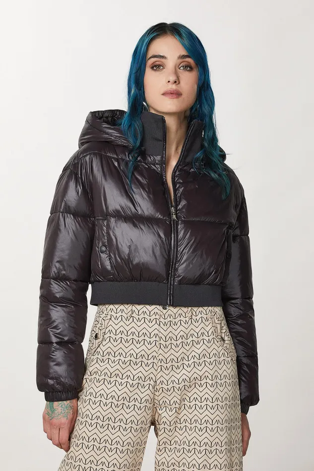 Down Jackets Women Patrizia Pepe Cropped Hooded Down Jacket Nero and Monogram