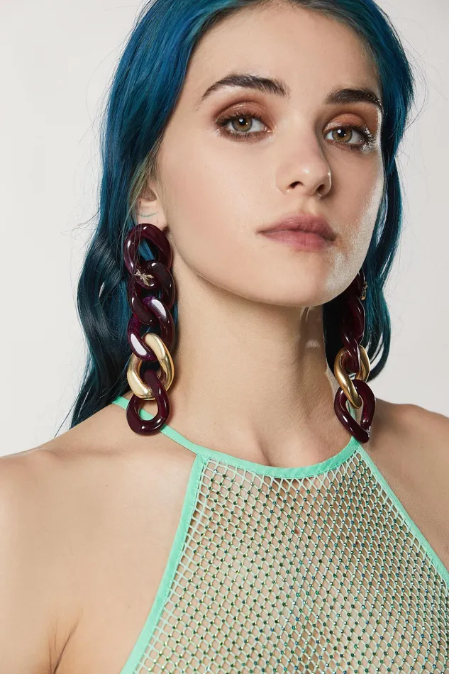 Earrings Women Patrizia Pepe Gold And Green Maxi Chain Earrings Purple Gold