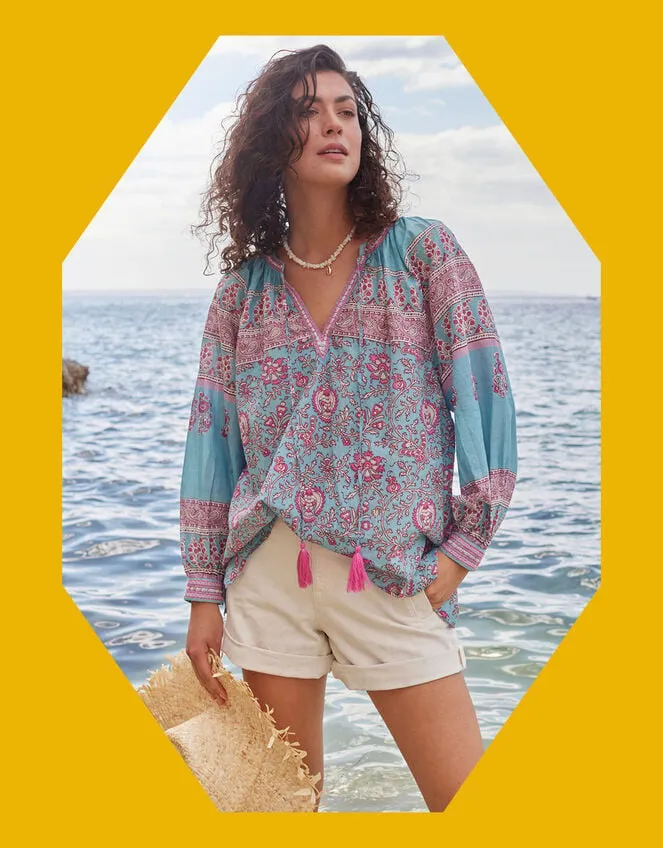East Print Tie Neck Blouse Blue Women Monsoon Tops and Blouses