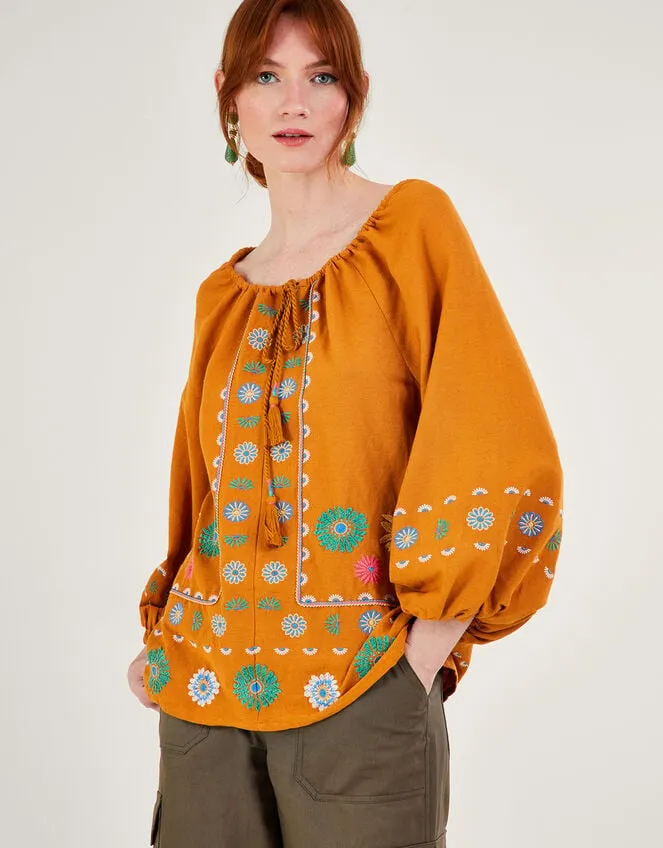 Embroidered Flower Tunic Top In Linen Blend Yellow Women Monsoon Dresses