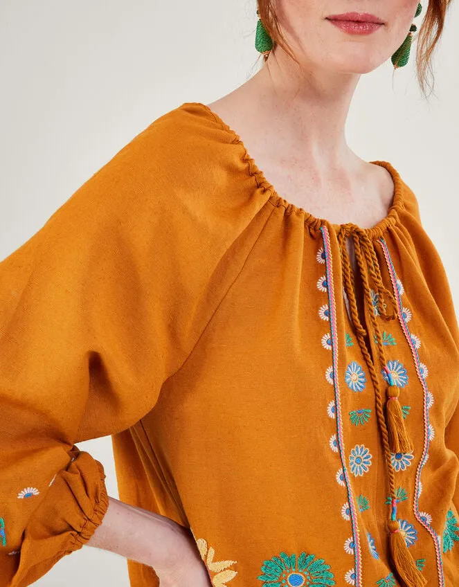 Embroidered Flower Tunic Top In Linen Blend Yellow Women Monsoon Dresses