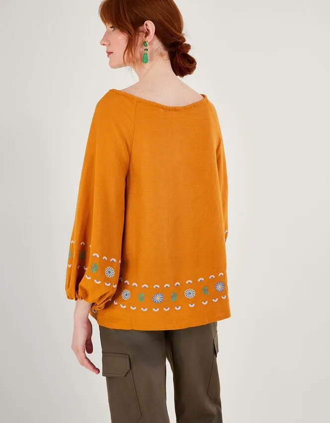 Embroidered Flower Tunic Top In Linen Blend Yellow Women Monsoon Dresses