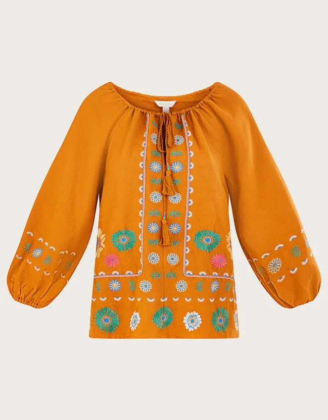 Embroidered Flower Tunic Top In Linen Blend Yellow Women Monsoon Dresses