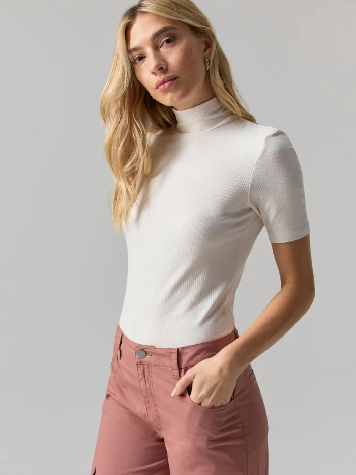 Essential Short Sleeve Mock Neck Birch Women Sanctuary Clothing Tees and Tops