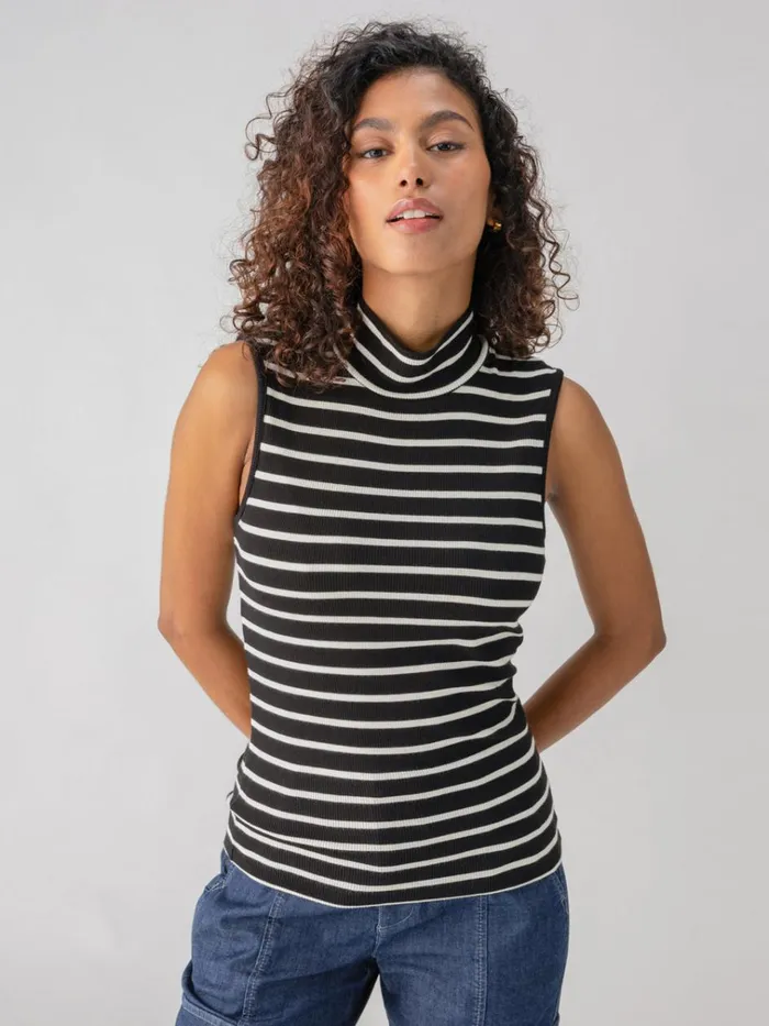 Essential Sleeveless Mock Neck Tank Black Chalk Stripe Women Sanctuary Clothing Tees and Tops