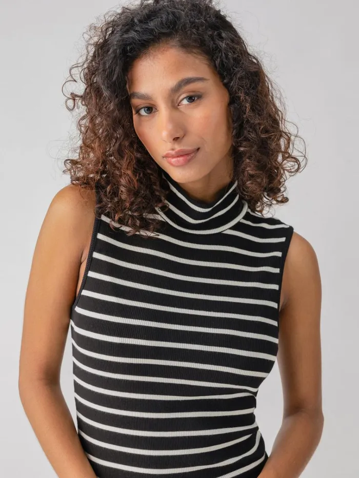 Essential Sleeveless Mock Neck Tank Black Chalk Stripe Women Sanctuary Clothing Tees and Tops