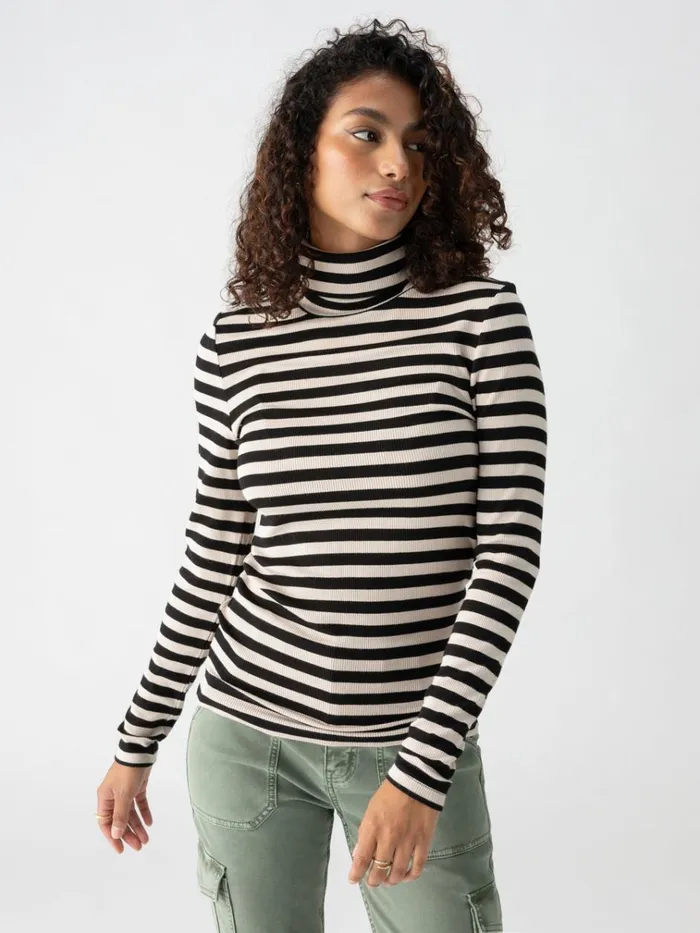 Essential Turtleneck Top Toasted Almond Black Mini Stripe Women Sanctuary Clothing Tees and Tops