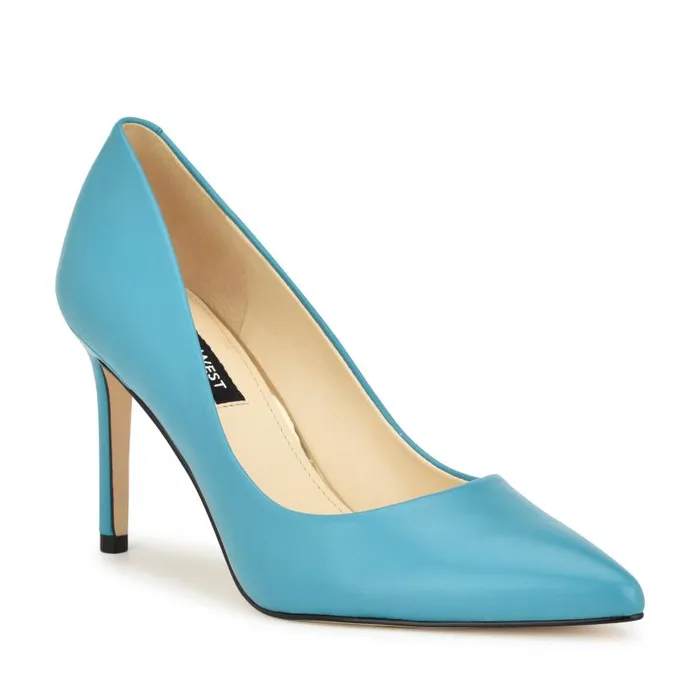 Ezra Pointy Toe Pumps Teal Blue Leather Women Nine West Heels