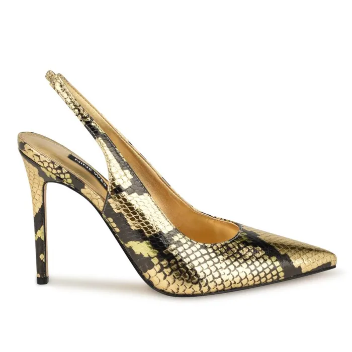Feather Pointy Toe Slingback Pumps Gold Snake Women Nine West Heels