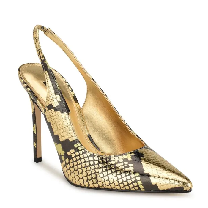 Feather Pointy Toe Slingback Pumps Gold Snake Women Nine West Heels