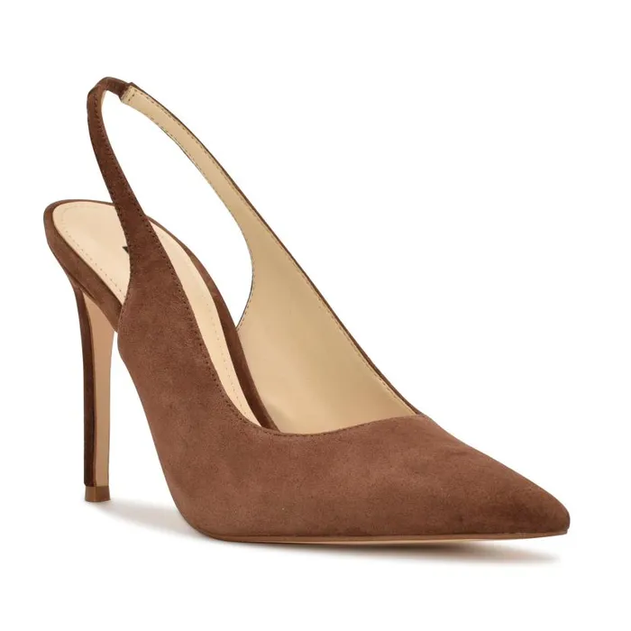 Feather Pointy Toe Slingback Pumps Medium Brown Suede Women Nine West Heels
