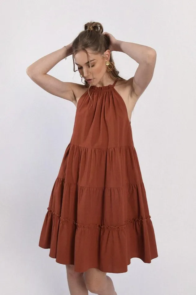 Flare Tiered Cotton Dress CARAMEL Women Molly Bracken Dresses