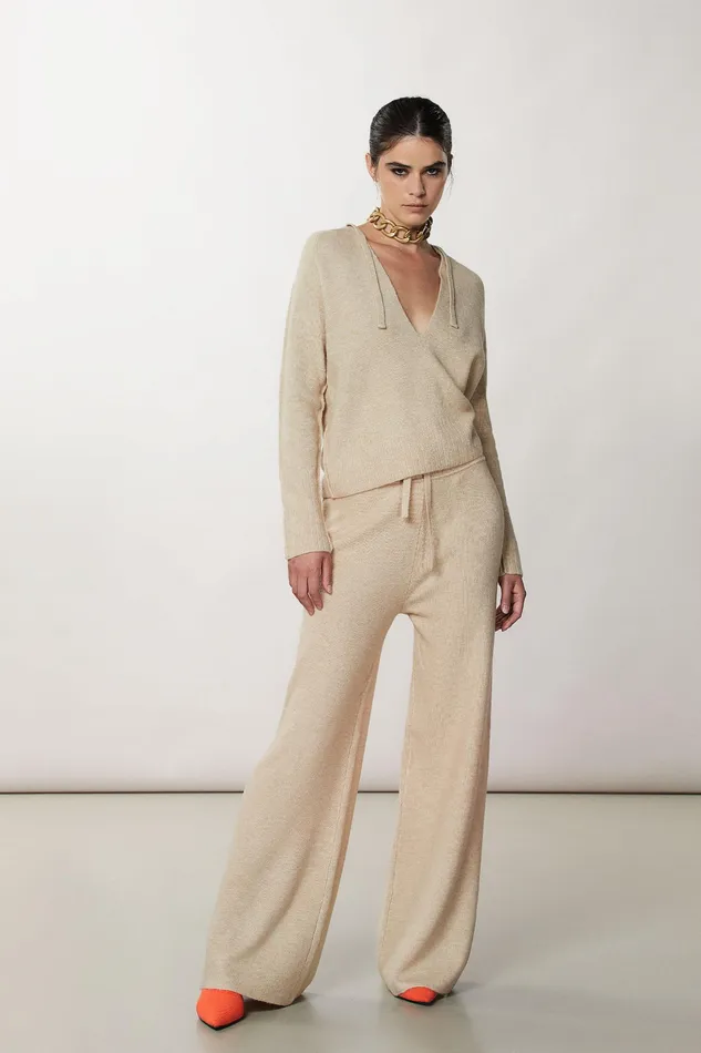 Flared Women Patrizia Pepe Soft Pants With Drawstring Craft Beige