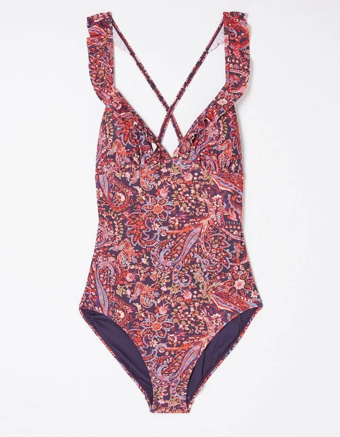 Fleur Frill Bright Paisley Swimsuit Purple Women FatFace Beachwear and Swimwear