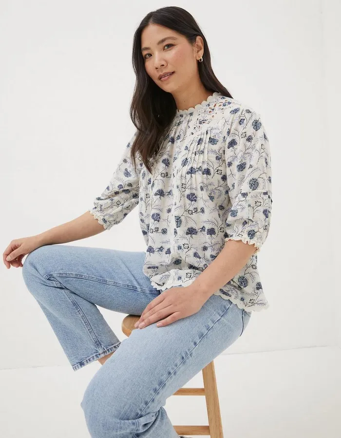 Flora Broderie Ditsy Blouse Ivory Women FatFace Shirts and Blouses