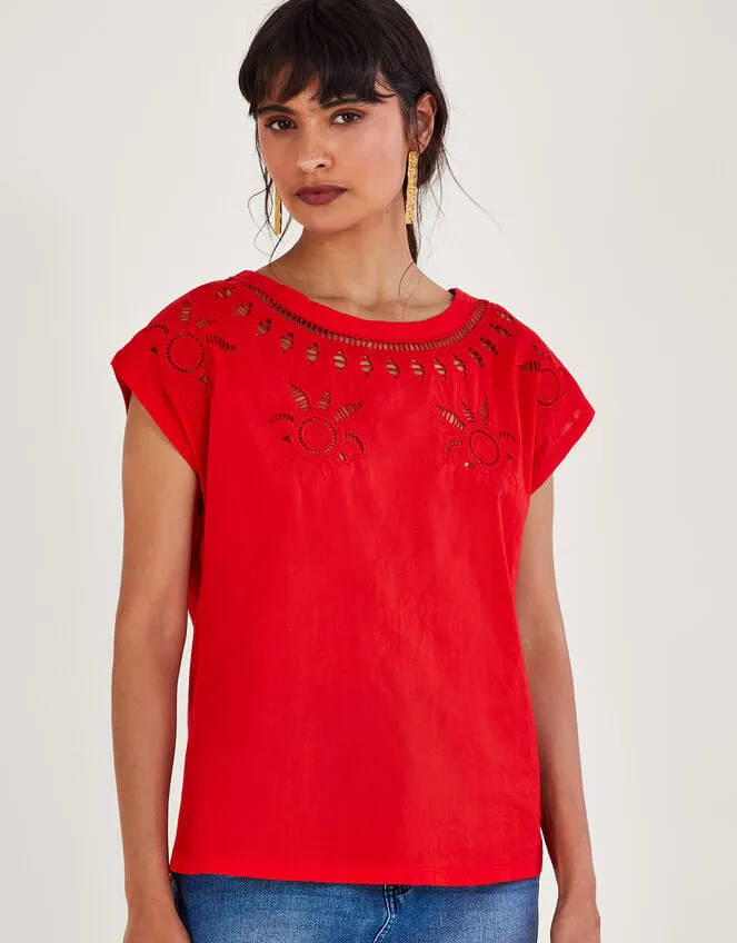 Floral CutOut TShirt Red Women Monsoon Tops and Blouses