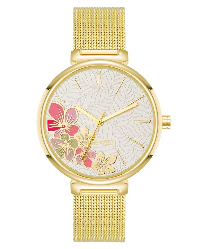 Floral Dial Mesh Bracelet Watch Gold WomenMen Nine West Watches