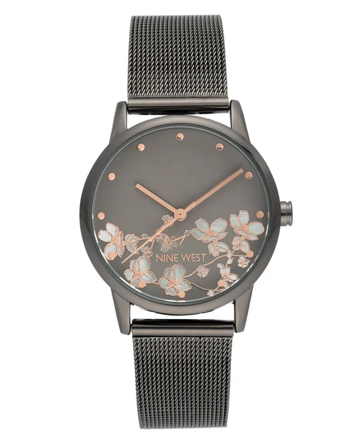 Floral Dial Mesh Bracelet Watch Gunmetal Grey WomenMen Nine West Watches