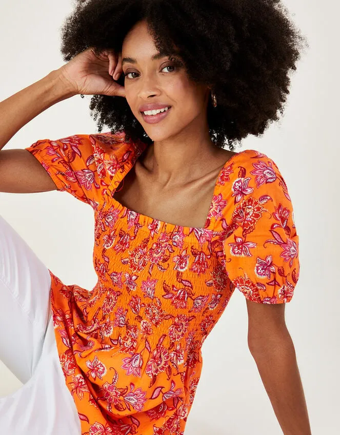 Floral Print Shirred Bodice Top In Sustainable Cotton Orange Women Monsoon Tops and Blouses Floral Print Shirred Bodice Top In Sustainable Cotton Orange Women Monsoon Tops and Blouses