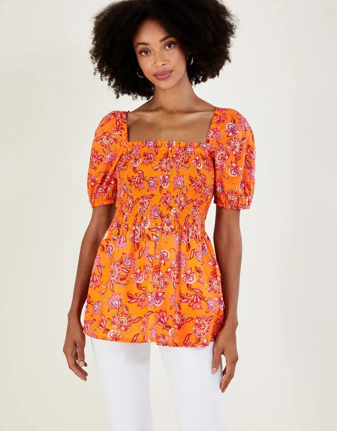 Floral Print Shirred Bodice Top In Sustainable Cotton Orange Women Monsoon Tops and Blouses