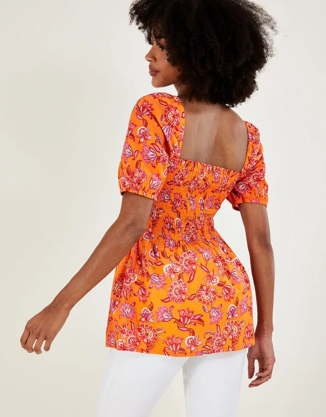 Floral Print Shirred Bodice Top In Sustainable Cotton Orange Women Monsoon Tops and Blouses
