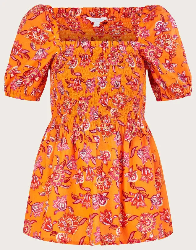 Floral Print Shirred Bodice Top In Sustainable Cotton Orange Women Monsoon Tops and Blouses