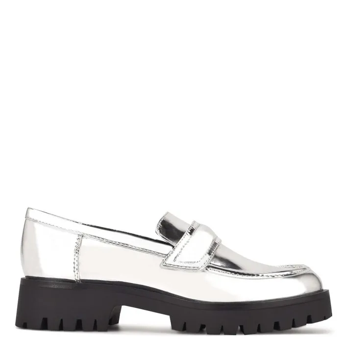 Garren Lug Sole Loafers Silver Women Nine West Flats and Loafers