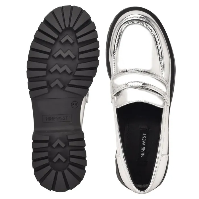 Garren Lug Sole Loafers Silver Women Nine West Flats and Loafers